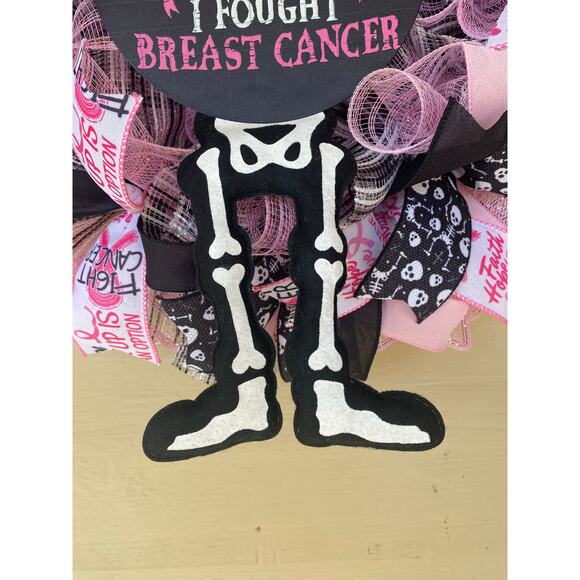 Halloween Breast Cancer Awareness Wreath – Skeleton “You Can’t Scare Me” Decor - Picture 3 of 10